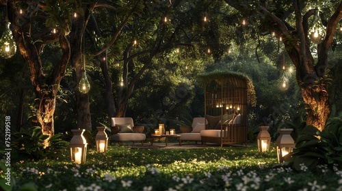 An elegant outdoor seating area featuring cozy armchairs and decorative lanterns, nestled beneath a canopy of trees.