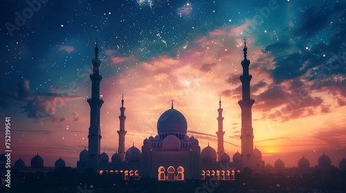 A magical night sky filled with twinkling stars, framing a magnificent mosque silhouette, radiating a sense of wonder and spirituality during the holy month of Ramadan. 8K. photo