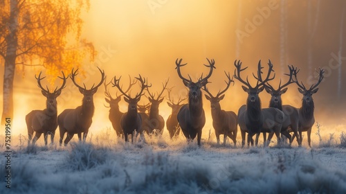 Stags in Misty Golden Sunrise. Majestic herd of stags stands in the frosty morning, enveloped by a misty, golden sunrise filtering through the trees.