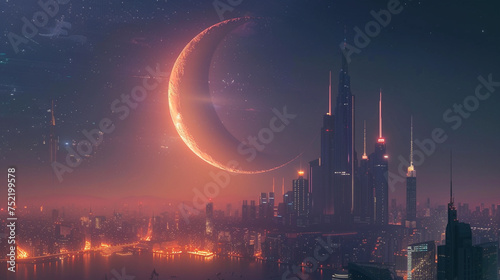 A majestic crescent moon shining brightly over a city skyline, marking the beginning of Eid Mubarak. 8K.