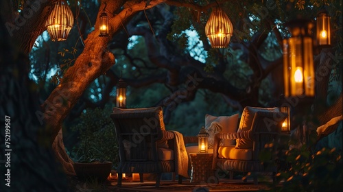An elegant outdoor seating area featuring cozy armchairs and decorative lanterns, nestled beneath a canopy of trees.