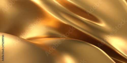 3d gold liquid silky background, golden fabric or metal foil smooth texture. Render of luxury cloth or curtain with wavy folds and shiny gradient effect flying in motion. 3d vector gold silk material.