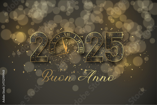 Biglietto o cerchietto per augurare un felice anno nuovo 2025 in grigio e oro Lo 0 è sostituito da un orologio su sfondo grigio con glitter dorati e stelle e cerchi effetto bokeh photo