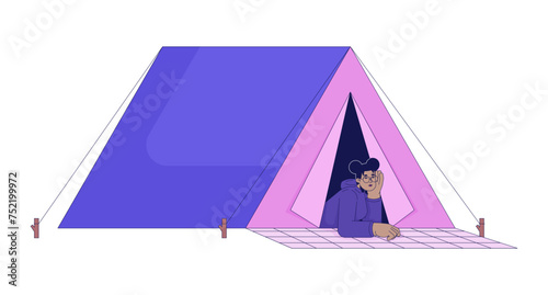 Black girl lying at camping tent 2D linear cartoon character. African-american female student isolated line vector person white background. Wanderlust hiker woman color flat spot illustration