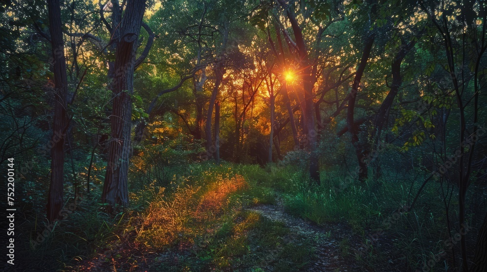 Beautiful sunset in the forest. Sunrise in the forest.
