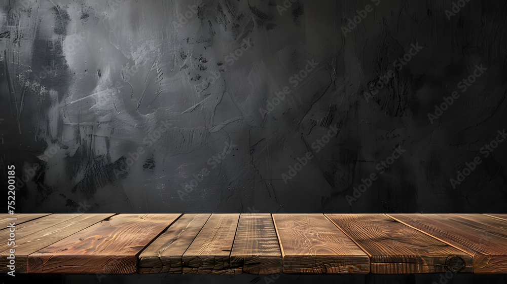 Real wood table top texture on dark room interior design background. For create product display or design key visual , - obrazy, fototapety, plakaty 