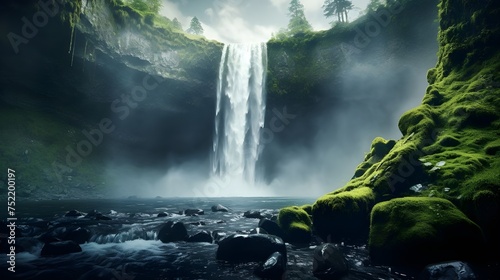A waterfall cascades into a pool of water  framed by mossy cliffs and a lush forest.