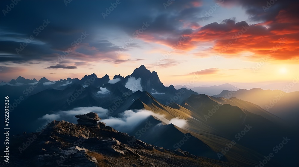 Mountain Majesty: Scenic Sunsets and Majestic Peaks in Nature's Wilderness, Explore the Alpine Adventure: Hiking Trails and Summit Views, Sunset Silhouettes: Dramatic Skyline Over Mountain Ranges, 
