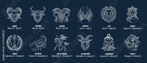Set of zodiac signs, astrological horoscope signs. Contour white drawings on a blue background. Icons, vector