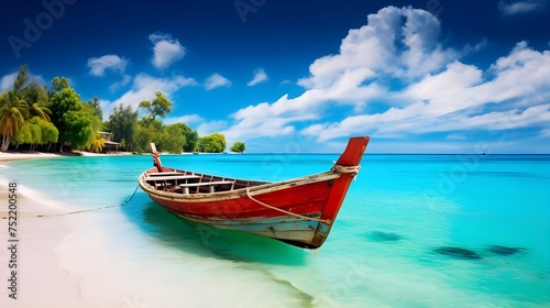 A boat is docked at the shore of a tropical beach with crystal clear waters and a blue sky.