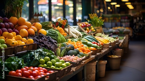 A fruit and vegetable market with a variety of fresh produce, including apples, oranges, pineapples, and broccoli. photo