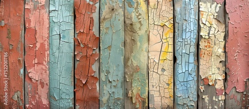 Detailed view of a weathered wooden fence showing signs of aging with peeling paint revealing the natural wood underneath. photo