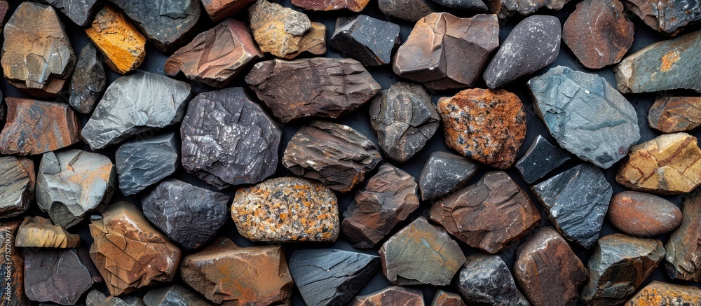 A collection of rocks in various colors and sizes stacked together. A collection of rocks in various colors and sizes stacked together.