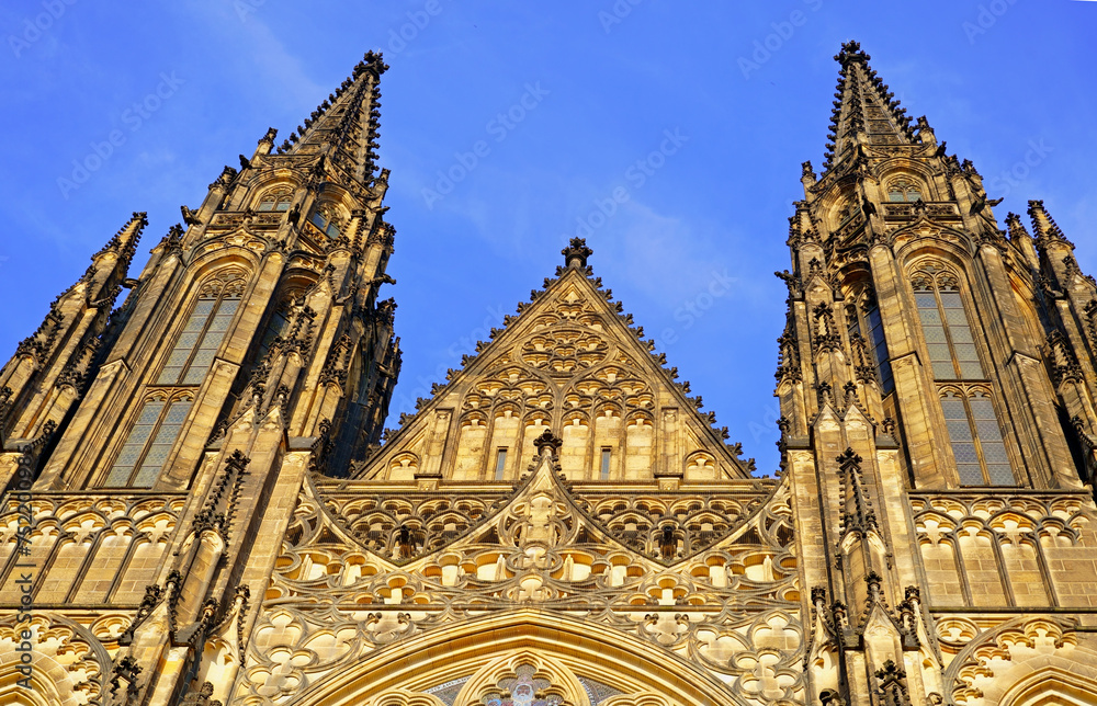 Architecture of Prague. Finishing, details of doors, arches, building facades. Castle.Gothic architecture in Prague Castle, a historic landmark with ancient history.