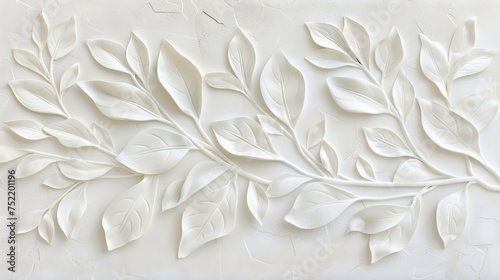 白い石膏のようなテクスチャのボタニカル模様の背景 © AYANO