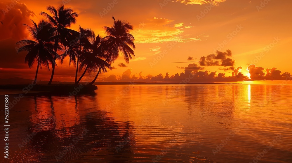 Palm trees on the beach at sunset in the tropics.