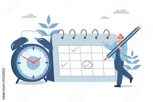 Planning important appointments, Scheduling activities or tasks, Schedule or business project management calendar, Business woman holds pencil with appointment calendar and alarm clock. Vector design.