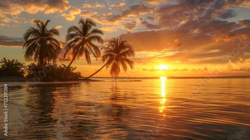 Beautiful sunset over the sea with palm trees on the island.