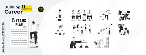 Career building black and white 2D illustrations concepts bundle. Job candidates diverse cartoon outline characters isolated on white. Burnout, achievements metaphors monochrome vector art collection