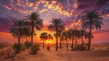 Beautiful sunset in the desert with palm trees and sand dunes
