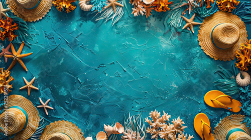 Blue summer background with shells, starfish, sandals and straw hats. Summer concept