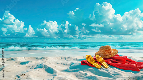 Lonely beach with a towel, sandals and a straw hat. Summer concept