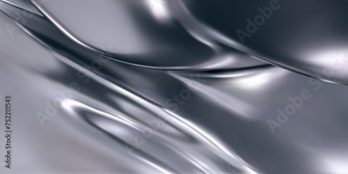 3d chrome liquid wavy texture, silver silk fabric background or smooth metal foil. Render of luxury cloth or curtain with wavy folds, shiny gradient effect flying in motion. 3d vector chrome texture.