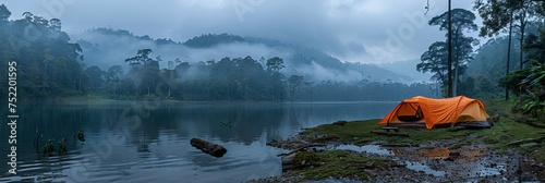 Amidst the serene forest by the lake, a tent stands tall in the morning mist, embracing nature's beauty.