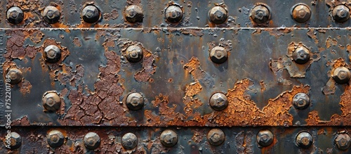 Close-up view of a weathered, rusted metal surface covered in numerous rivets.