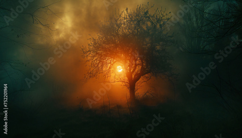 Recreation of a sundowning between an olive with fog
