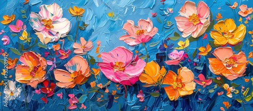 An oil painting featuring abstract flowers and branches against a vivid blue background.