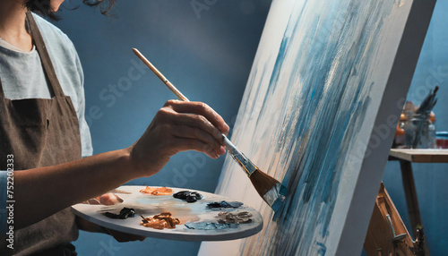 artist painter working on the canvas with brushes and oil paint