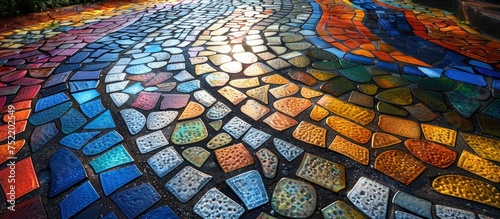 This detailed view showcases a colorful cobblestone walkway, creating a mesmerizing pattern.