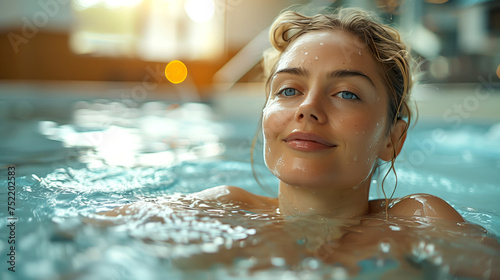 Close-up portrait of a beautiful happy woman in the swimming pool. Concept of spa  relaxation  recreation and sport.
