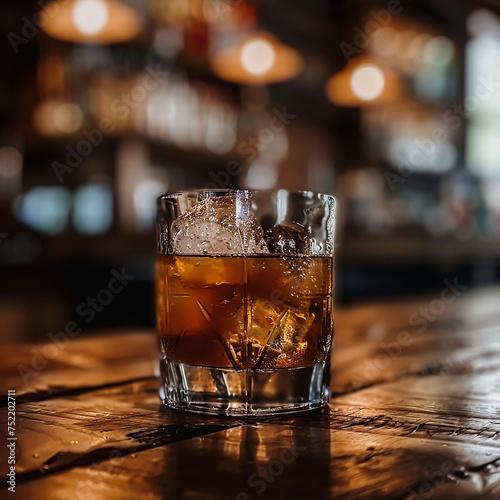 super cold bourbon mixed drink gleams on wooden table-724
