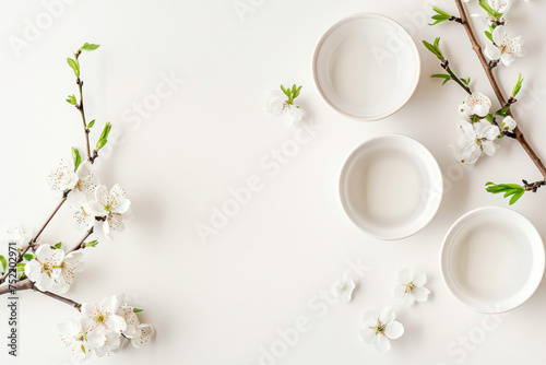 Spring Table Setting with Cherry Blossoms and White Plates on Neutral Background
