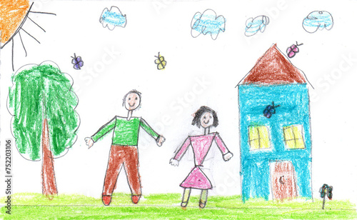 Child drawing of a happy family on a walk outdoors. Pencil art in childish style