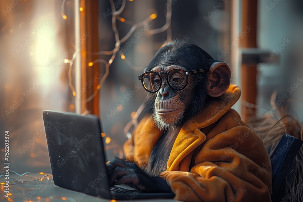 Business monkey works on a laptop computer in the home office internet. Concept of online communication during quarantine period, business, negotiations or online shopping - obrazy, fototapety, plakaty 