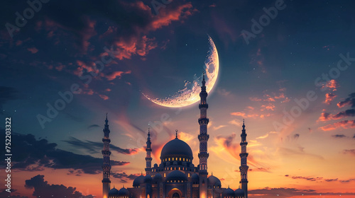 A stunning view of a crescent moon rising above a majestic mosque, with intricate Islamic patterns adorning the background, perfect for a Ramadan greeting card. 8K.