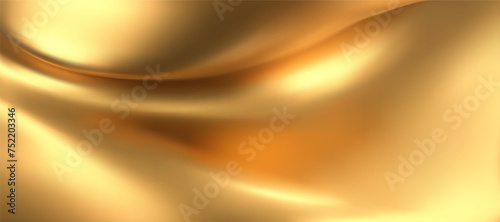 3d gold liquid silky background, golden fabric or metal foil smooth texture. Render of luxury cloth or curtain with wavy folds and shiny gradient effect flying in motion. 3d vector gold silk material. © janevasileva