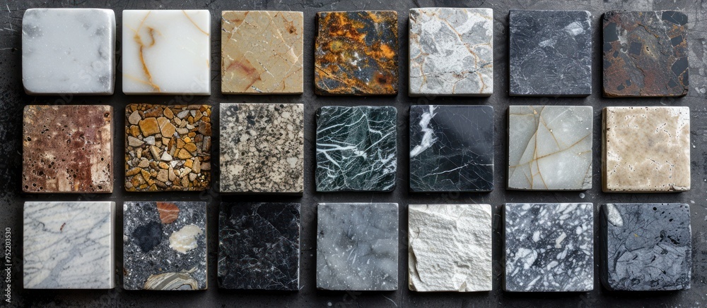 Various hues of marble tiles in a collection displaying different colors and patterns. Various hues of marble tiles in a collection displaying different colors and patterns.