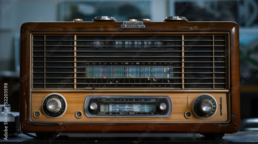 Fototapeta premium Close-up of an elegant wooden vintage radio receiver with intricate details, placed on a table, a testament to the golden age of analog broadcasting.