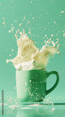 Milk cream exploding with splashes from cup. Coffee concept. Pastel green bright background, copy space. Generative AI