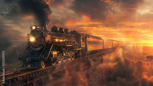 A classic steam locomotive powers through a breathtaking sky at sunset, surrounded by dramatic clouds, evoking a sense of adventure and nostalgia.