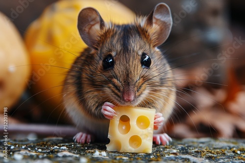 A mouse posed with a portion of cheese against a warm backdrop of autumnal pumpkins, offering a seasonal touch photo