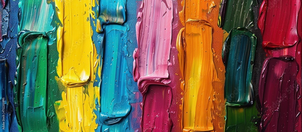 Detailed close-up of a rainbow colored abstract oil paint artwork.