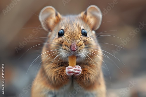 This image captures a captivating close-up of a hamster holding and biting into a biscuit, with a soft background
