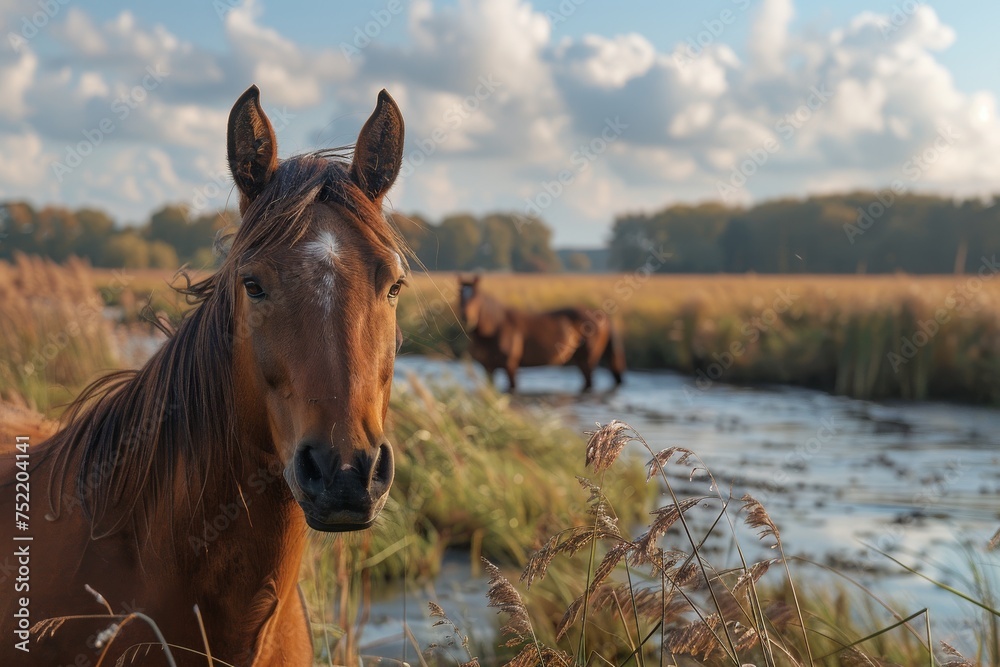 A majestic brown horse stands in a grassy field with another horse and water in the background, showcasing rural life A majestic brown horse stands in a grassy field with another horse and water in the background, showcasing rural life