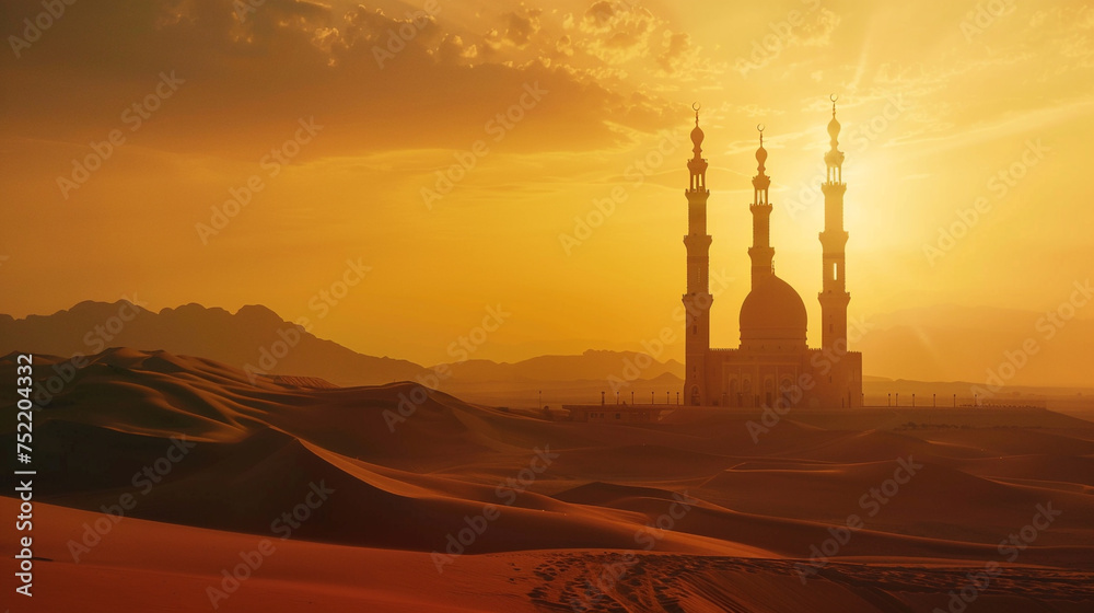 A tranquil desert landscape with sand dunes stretching to the horizon, featuring a solitary mosque silhouette against the vast expanse, evoking the spirit of solitude and reflection during Ramadan. 8K