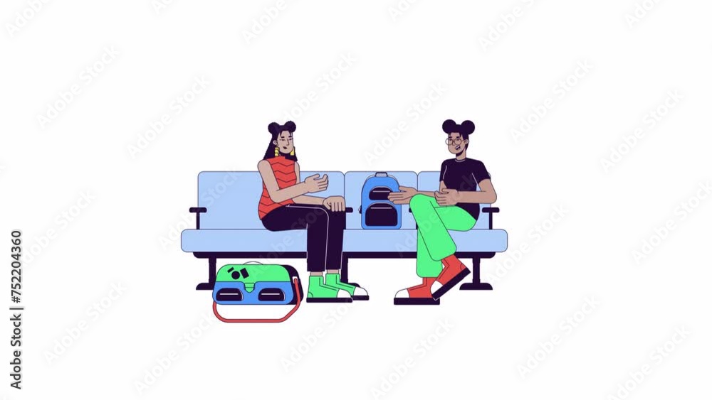 Wait passengers women friends line 2D characters animation. Talking in area waiting flat color cartoon 4K video, alpha channel. Travelers airport terminal seats animated people on white background Wait passengers women friends line 2D characters animation. Talking in area waiting flat color cartoon 4K video, alpha channel. Travelers airport terminal seats animated people on white background